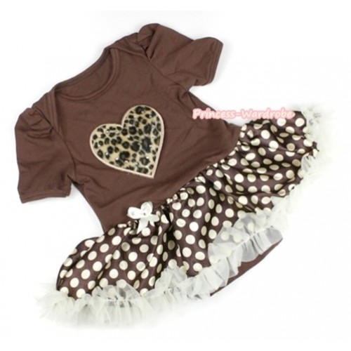 Brown Baby Jumpsuit Brown Golden Polka Dots Pettiskirt with Leopard Heart Print JS1082 