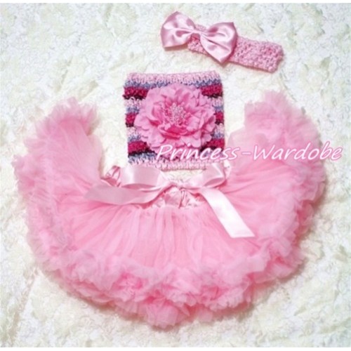 Light Pink Baby Pettiskirt, Pink Peony Pink Fusion Mixed Crochet Tube Top, Light Pink Bow Headband 3PC Set CT191 