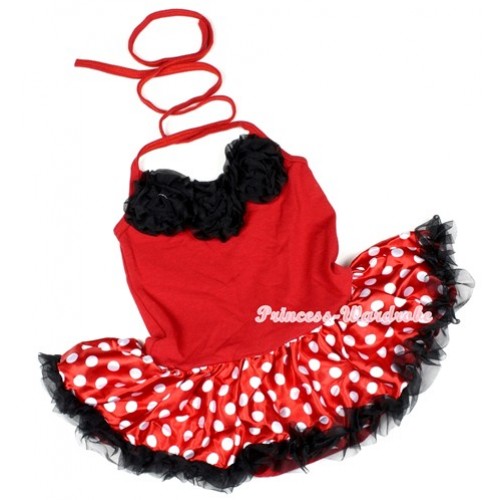 Hot Red Baby Halter Jumpsuit Minnie Polka Dots Pettiskirt With Black Rosettes JS1125 