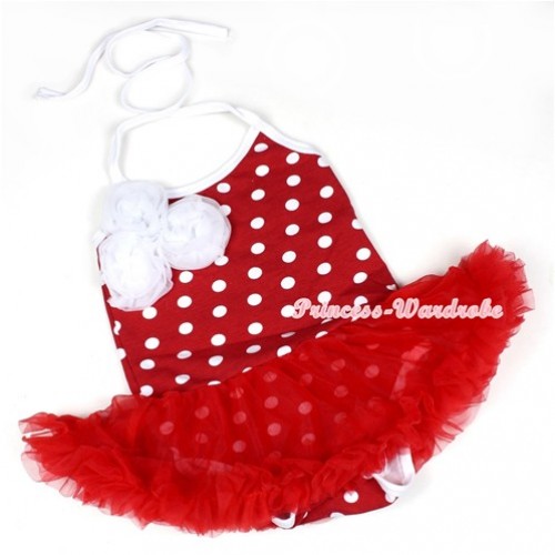 Minnie Polka Dots Baby Halter Jumpsuit Red Pettiskirt With Bunch Of White Rosettes JS1126 