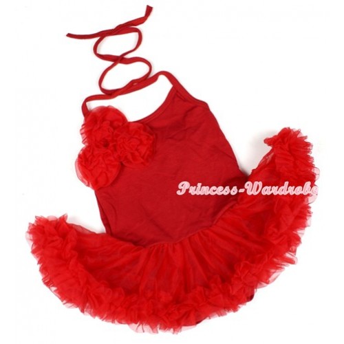 Hot Red Baby Halter Jumpsuit Red Pettiskirt With Bunch Of Red Rosettes JS1127 