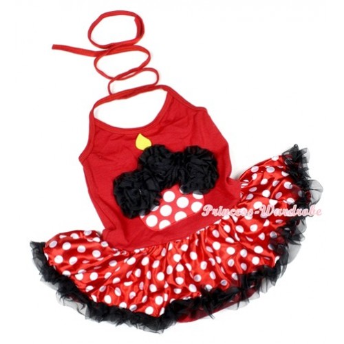 Hot Red Baby Halter Jumpsuit Minnie Polka Dots Pettiskirt With Black Rosettes Minnie Dots Birthday Cake Print JS1128 