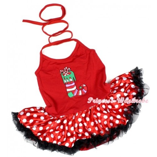 Hot Red Baby Halter Jumpsuit Minnie Polka Dots Pettiskirt With Christmas Stocking Print JS1129 