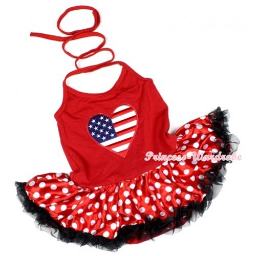 Hot Red Baby Halter Jumpsuit Minnie Polka Dots Pettiskirt With Patriotic American Heart Print JS1135 