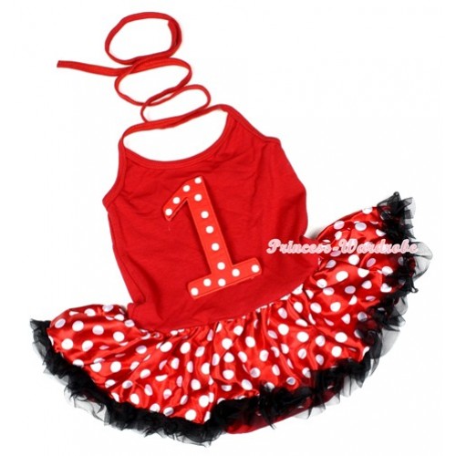 Hot Red Baby Halter Jumpsuit Minnie Polka Dots Pettiskirt With 1st Red White Polka Dots Birthday Number Print JS1140 