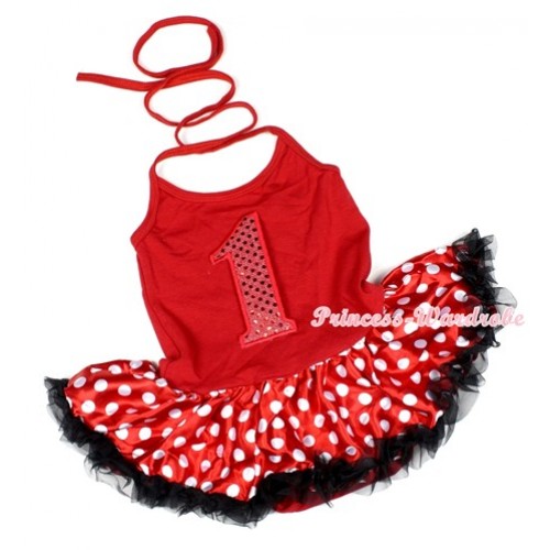 Hot Red Baby Halter Jumpsuit Minnie Polka Dots Pettiskirt With 1st Sparkle Red Birthday Number Print JS1141 