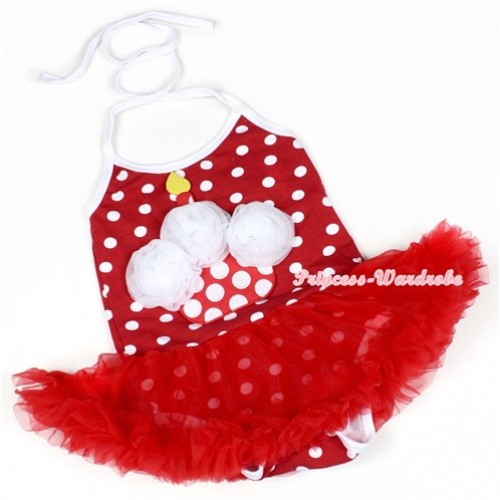 Minnie Polka Dots Baby Halter Jumpsuit Red Pettiskirt With White Rosettes Minnie Dots Birthday Cake Print JS1142 