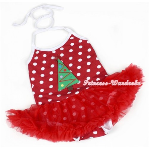 Minnie Polka Dots Baby Halter Jumpsuit Red Pettiskirt With Christmas Tree Print JS1143 