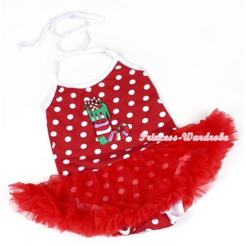 Minnie Polka Dots Baby Halter Jumpsuit Red Pettiskirt With Christmas Stocking Print JS1145 