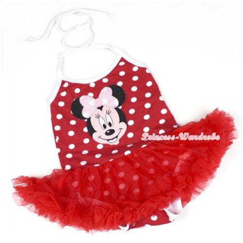 Minnie Polka Dots Baby Halter Jumpsuit Red Pettiskirt With Light Pink Minnie Print JS1148 