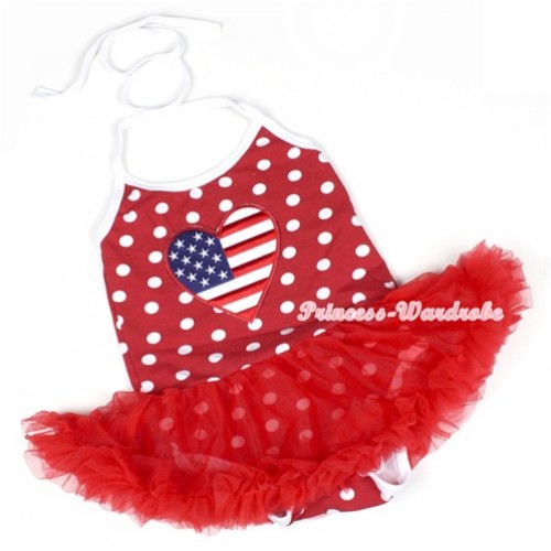 Minnie Polka Dots Baby Halter Jumpsuit Red Pettiskirt With Patriotic American Heart Print JS1150 