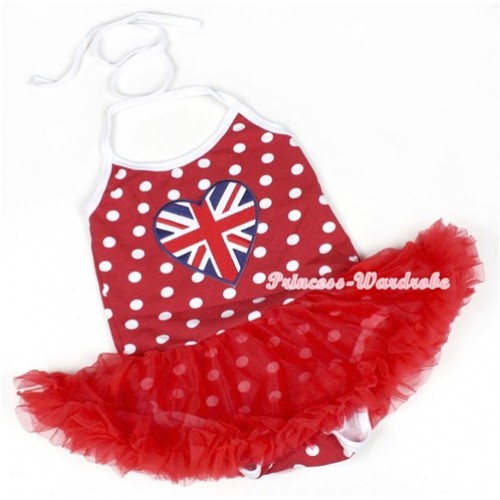 Minnie Polka Dots Baby Halter Jumpsuit Red Pettiskirt With Patriotic British Heart Print JS1151 