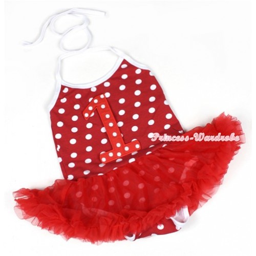 Minnie Polka Dots Baby Halter Jumpsuit Red Pettiskirt With 1st Red White Polka Dots Birthday Number Print JS1154 