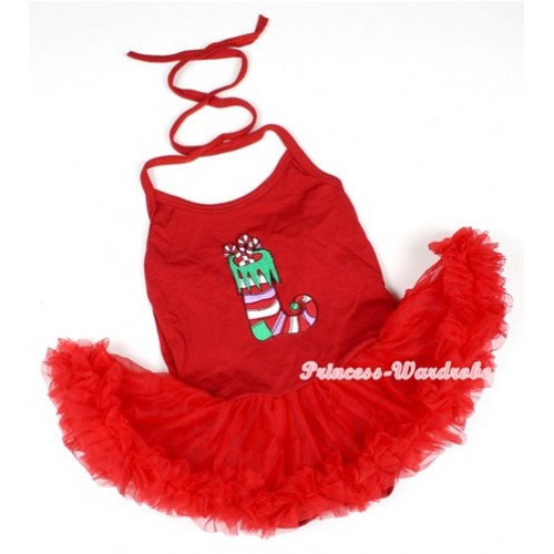 Hot Red Baby Halter Jumpsuit Red Pettiskirt With Christmas Stocking Print JS1157 