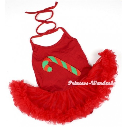 Hot Red Baby Halter Jumpsuit Red Pettiskirt With Christmas Stick Print JS1158 