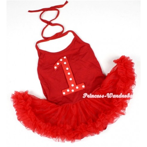 Hot Red Baby Halter Jumpsuit Red Pettiskirt With 1st Red White Polka Dots Birthday Number Print JS1167 