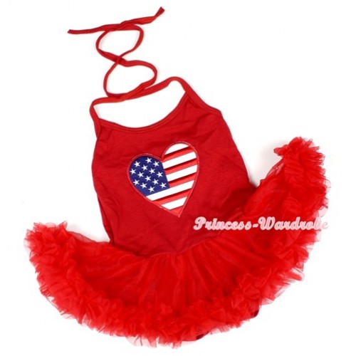 Hot Red Baby Halter Jumpsuit Red Pettiskirt With Patriotic American Heart Print JS1168 