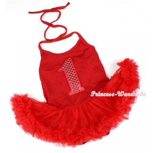 Hot Red Baby Halter Jumpsuit Red Pettiskirt With 1st Sparkle Red Birthday Number Print JS1169 