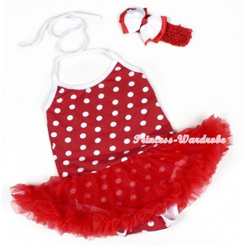 Minnie Polka Dots Baby Halter Jumpsuit Red Pettiskirt With Red Headband White Red Ribbon Bow JS1171 