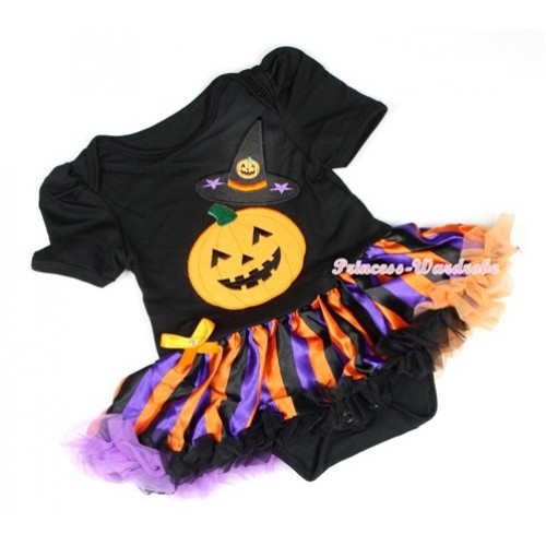 Halloween Black Baby Jumpsuit Dark Purple Orange Black Striped Pettiskirt with Pumpkin Witch Hat & Pumpkin Print JS1238 