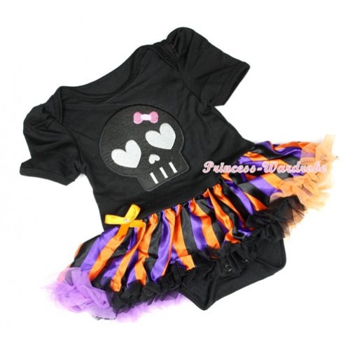 Halloween Black Baby Jumpsuit Dark Purple Orange Black Striped Pettiskirt with Black Skeleton Print JS1241 