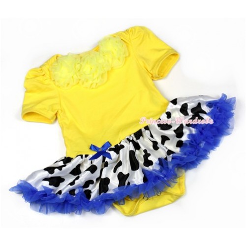 Yellow Baby Jumpsuit Yellow Royal Blue Milk Cow Pettiskirt with Yellow Rosettes JS1279 