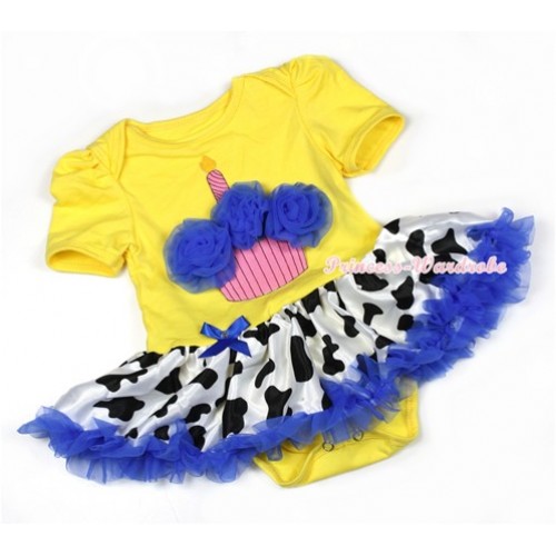 Yellow Baby Jumpsuit Royal Blue Milk Cow Pettiskirt with Royal Blue Rosettes Birthday Cake Print JS1292 