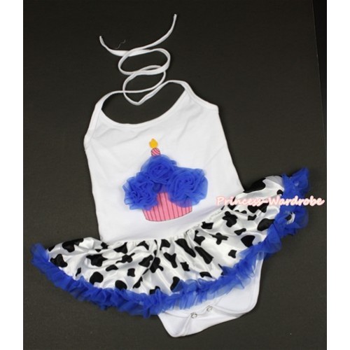 White Baby Halter Jumpsuit Royal Blue Milk Cow Pettiskirt With Royal Blue Rosettes Birthday Cake Print JS1321 