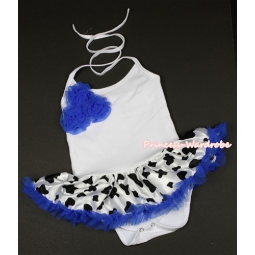 White Baby Halter Jumpsuit Royal Blue Milk Cow Pettiskirt With Bunch Of Royal Blue Rosettes JS1319 