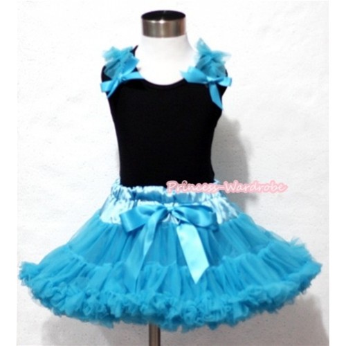 Peacock Blue Pettiskirt with Matching Black Tank Top with Peacock Blue Bows and Ruffles MW074 