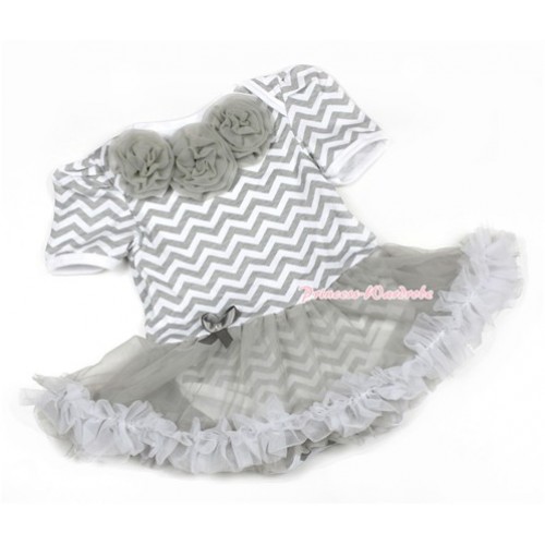 Grey White Wave Baby Jumpsuit Grey Pettiskirt with Grey Rosettes JS1338 