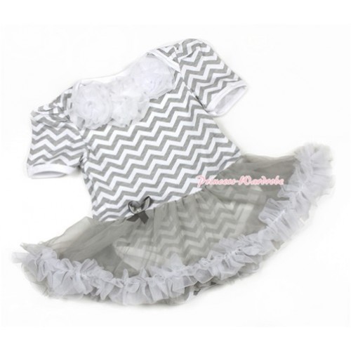 Grey White Wave Baby Jumpsuit Grey Pettiskirt with White Rosettes JS1339 