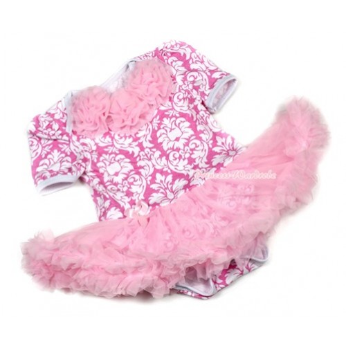 Light Pink White Damask Baby Jumpsuit Light Pink Pettiskirt with Light Pink Rosettes JS1340 