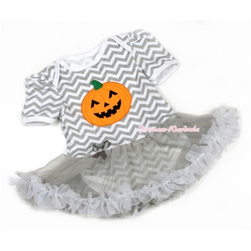 Halloween Grey White Wave Baby Jumpsuit Grey Pettiskirt with Pumpkin Print JS1341 