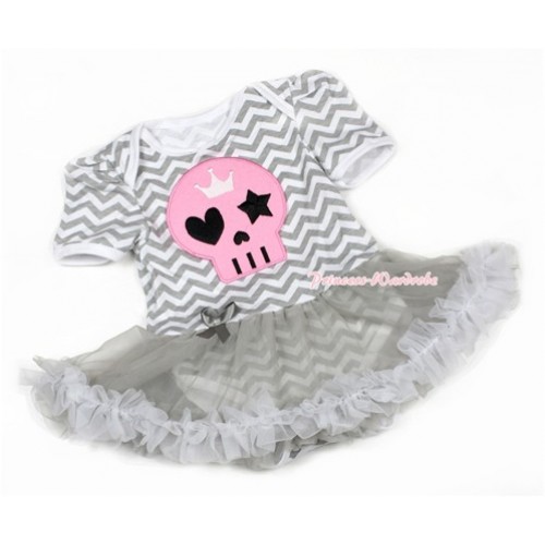 Halloween Grey White Wave Baby Jumpsuit Grey Pettiskirt with Light Pink Skeleton Print JS1346 