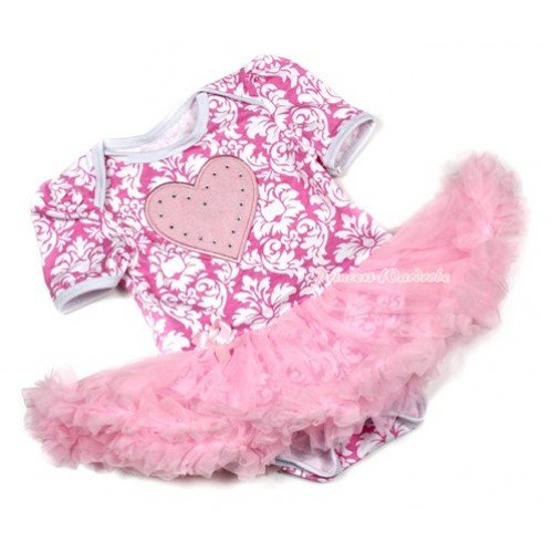 Light Pink White Damask Baby Jumpsuit Light Pink Pettiskirt with Light Pink Heart Print JS1354 