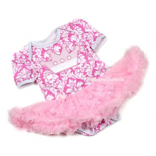 Light Pink White Damask Baby Jumpsuit Light Pink Pettiskirt with Crown Print JS1355 