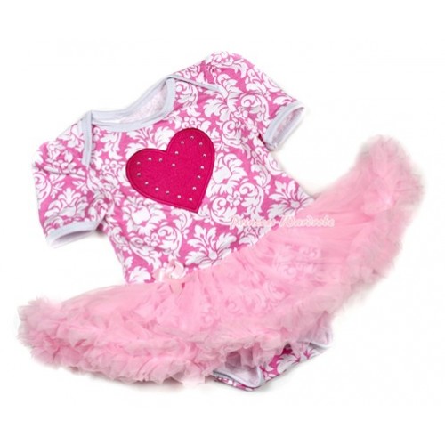 Light Pink White Damask Baby Jumpsuit Light Pink Pettiskirt with Hot Pink Heart Print JS1356 