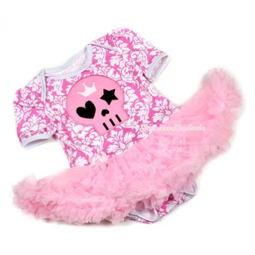 Halloween Light Pink White Damask Baby Jumpsuit Light Pink Pettiskirt with Light Pink Skeleton Print JS1357 