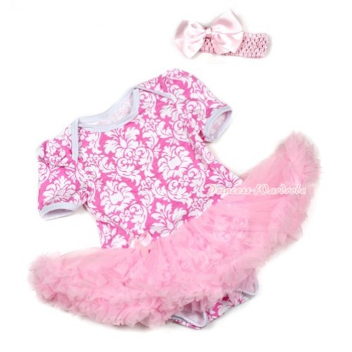 Light Pink White Damask Baby Jumpsuit Light Pink Pettiskirt With Light Pink Headband Light Pink Silk Bow JS1361 