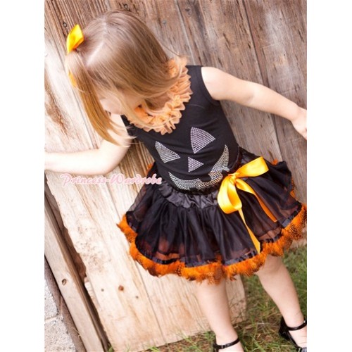 Halloween Black Baby Pettitop with Orange Chiffon Lacing & Sparkle Crystal Glitter Pumpkin Print with Black Orange Feather Newborn Pettiskirt NG1246 
