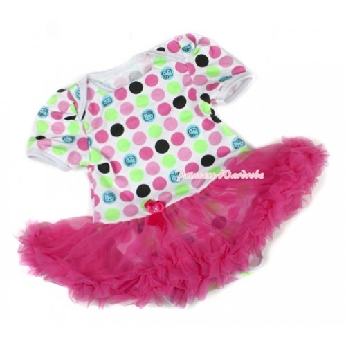 Rainbow Cat Polka Dots Baby Bodysuit Jumpsuit Hot Pink Pettiskirt JS1390 