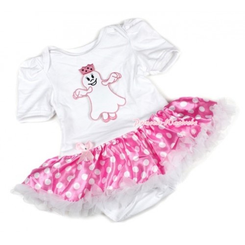 Halloween White Baby Jumpsuit Hot Pink White Dots Pettiskirt with Princess Ghost Print JS1393 