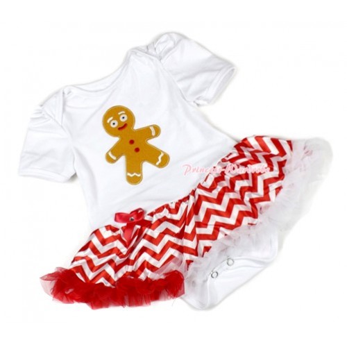 Xmas White Baby Bodysuit Jumpsuit Red White Wave Pettiskirt with Brown Gingerbread Man Print JS1394 