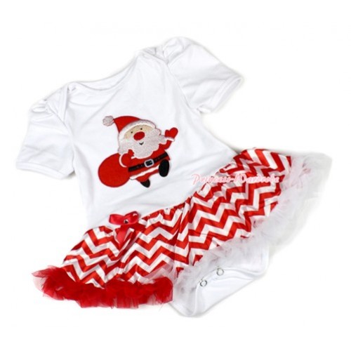 Xmas White Baby Bodysuit Jumpsuit Red White Wave Pettiskirt with Gift Bag Santa Claus Print JS1399 