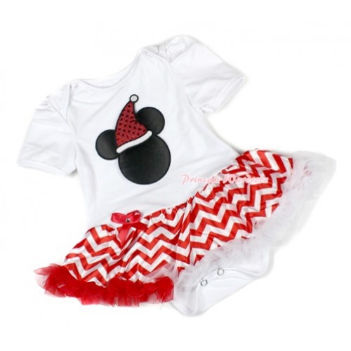 Xmas White Baby Bodysuit Jumpsuit Red White Wave Pettiskirt with Christmas Minnie Print JS1400 