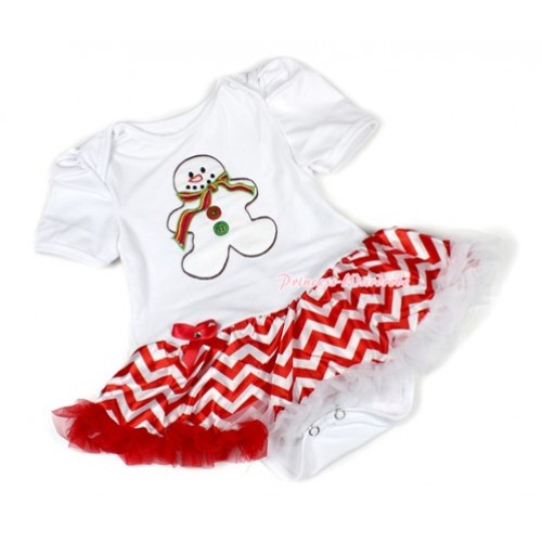 Xmas White Baby Bodysuit Jumpsuit Red White Wave Pettiskirt with Christmas Gingerbread Snowman Print JS1402 