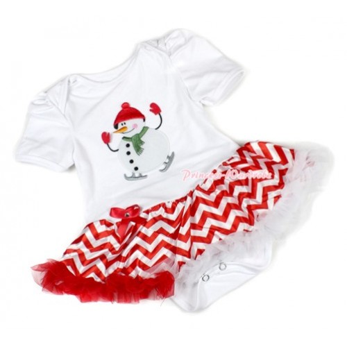 Xmas White Baby Bodysuit Jumpsuit Red White Wave Pettiskirt with Ice-Skating Snowman Print JS1403 