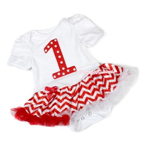 Xmas White Baby Bodysuit Jumpsuit Red White Wave Pettiskirt with 1st Red White Dots Birthday Number Print JS1404 