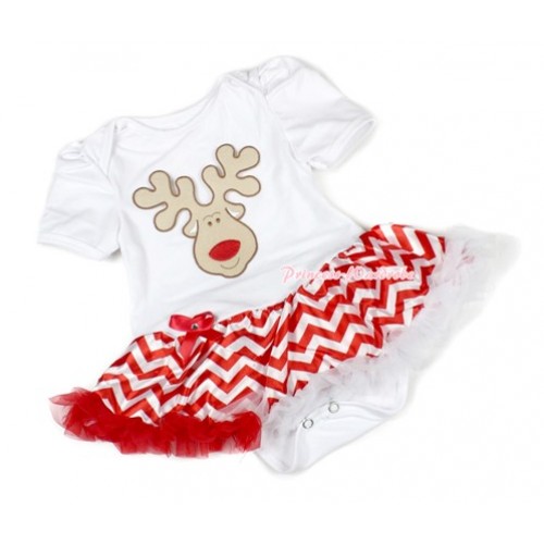 Xmas White Baby Bodysuit Jumpsuit Red White Wave Pettiskirt with Christmas Reindeer Print JS1405 